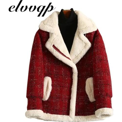 Warm Plaid Woolen Coat Lamb Velvet Short Jacket Womens Winter New Plus Velvet Thick Parka Female Loose Outwear Casual Tops