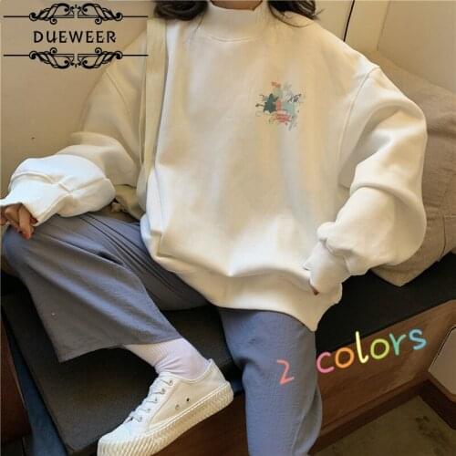 Dueweer Hoodies Women Printed Turtleneck Sweatshirts Warm Oversize Kawaii Pullover Simple All-Match Korean Style Casual Ulzzang