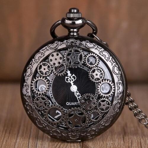 Antique Vintage Hollow Black Gear Hollow Quartz Pocket Watch Necklace Pendant Clock Chain Mens Women
