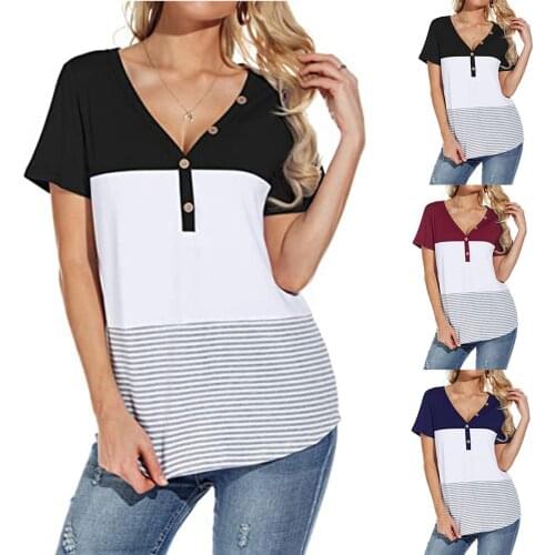 2021 Plus Size Ladies T-shirt Summer Short-sleeved Casual Stitching Color Matching Short-sleeved V-neck Button Shirt Shirt