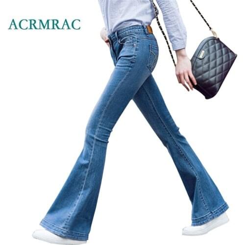ACRMRAC Womens jeans New 2018 Spring and autumn Slim Solid color blue Middle waist Skinny Flare Pants Full Length jeans Women