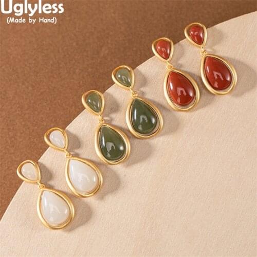 Uglyless Elegant Lady Water Drop Gemstones Earrings for Women Natural Jade Agate Dress Jewelry Gold 925 Silver Brincos Bijoux