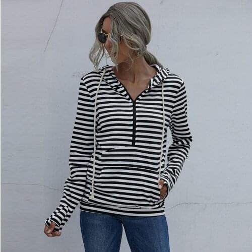 Women Hooded Zippper Striped Sweatshirt Top Autumn Winter New Casual Loose Long Sleeve Pocket Drawstring Pullover Streetwear