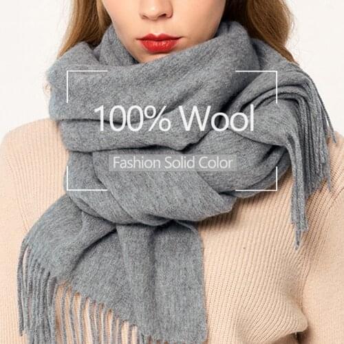 2021 Pure Wool Winter Scarf Women Tassels Solid Wraps Echarpe for Ladies Warm Muffler Soft 100% Wool Scarves for Women