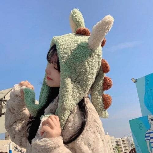 Cute Funny Little Dinosaur Hat Female Autumn and Winter Plus Velvet Warmth Will Move Ears Headgear Couple Warm Hat