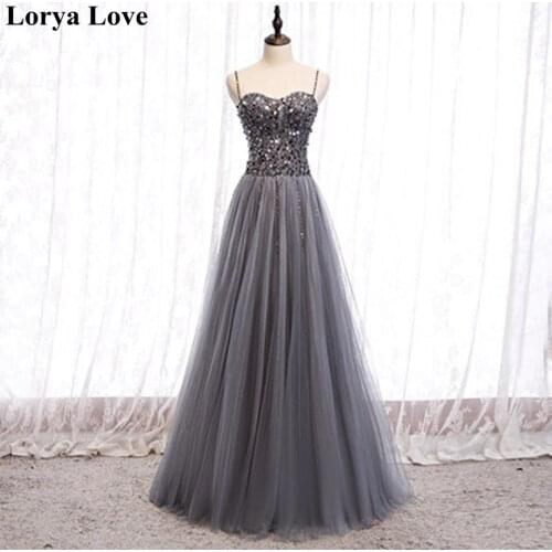 Beading Sequins A-Line Long Prom Dresses 2021 Women Formal Party Robe De Soiree Spaghetti Straps Tulle Graduation Evening Gowns