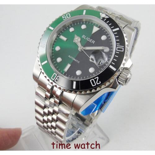 Bliger 40mm Miyota 8215 Automatic Mens watch sapphire glass green black dial luminous waterproof Jubilee bracelet ceramic bezel