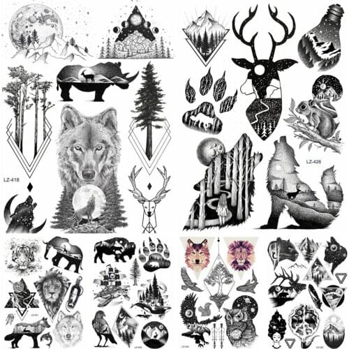 Black Fake Wolf Wrist Men Diamond Tree Tattoos Stickers Body Arm Hands Waterproof Tattoo Temporary Women Custom Art Tatoo Paste