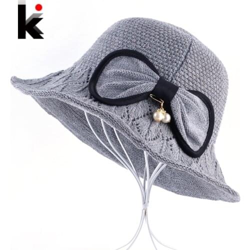 Womens Sun Cap For Autumn Winter Knitted Wool Bow-Knot Pearl Floppy Hats Ladies Headdress Knitting wollen Sun Visor Caps Female