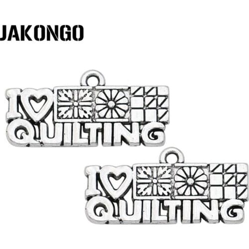 JAKONGO Antique Silver Plated I Love Quilting Charms for Jewelry Making Pendant for DIY Bracelet Accessories 25mm*12mm 10pcs/lot