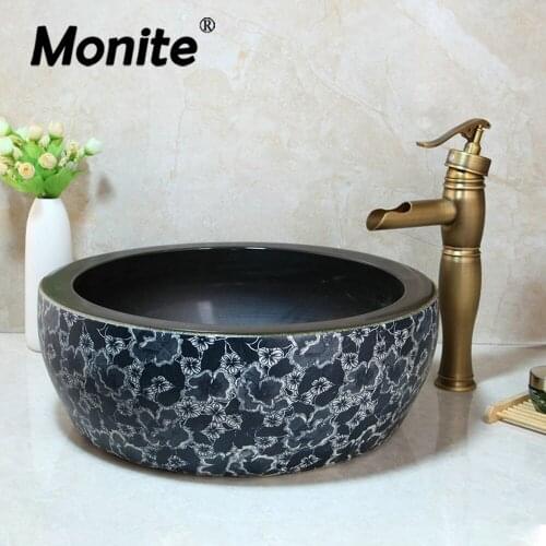 Monite Ceramic Washroom Basin Vessel Vanity Sink Bathroom Mixer Basin Washbasin Brass Faucet Set with without over flew Drain