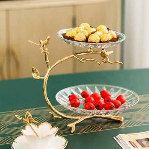 Brass Glass Fruit Plate European Luxury Coffee Table Dessert Snacks Plate Cake Stand Bird Ornaments Modern Home Decor Dinnerware