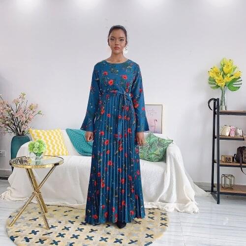 Print floral long sleeve Islamic Eid casual robes syari abaya female full length Pleated islamic muslim robes abaya F2069