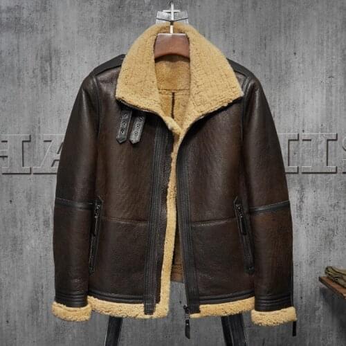 Mens Shearling Jacket Turmeric Wool B3 Flight Jacket Short Fur Leather Jacket Australia Wool Mans Sheepskin Aviator Fur Jacket