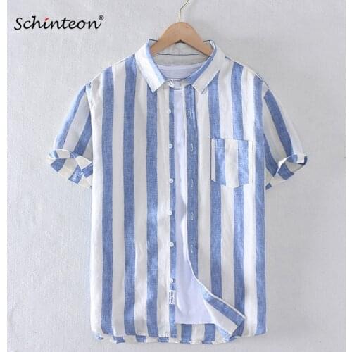 2020 Schinteon Men Summer 100% Pure Linen Shirt Short sleeved Casual Slim Striped Comfortable Shirt Turn-down Collar New