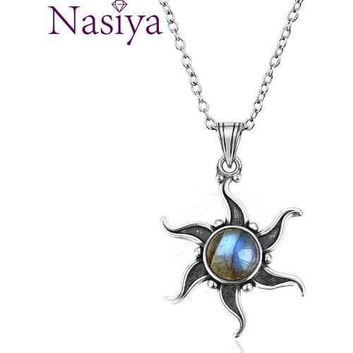 Natural Moonstone Labradorite 925 silver jewelry Pendants Necklaces Sun Shape Vintage Fashion Woman Pendants