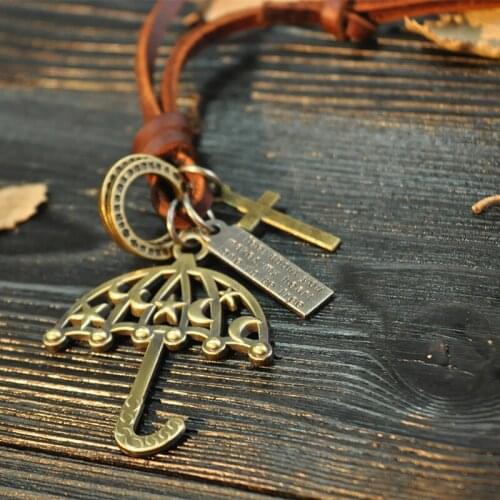 NIUYITID 100% Genuine Leather Jewelry Men Vintage Umbrella Long Necklace Chains Collier For Women Gargantilha De Couro