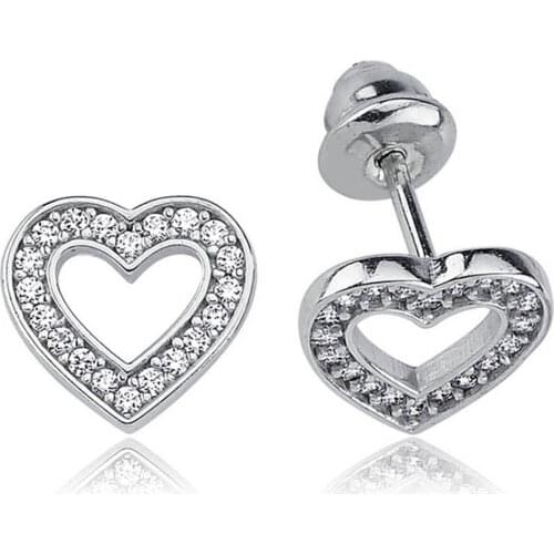 Valori Jewels Mini Heart, Zirconia White Gemstone, Rhodium Plated, Sterling Silver Earrings