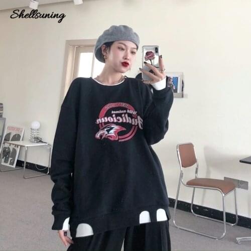 Shellsuning Women Long Sleeve Round Neck Without Cap Winter Autumn Hoodies Sweatshirts Fake Two Clothes Printing Loose Pullovers