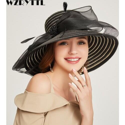 2019 Women Floppy Summer Hat Elegant Fancy Feather Bow Wide Brim Sun Hat Organza Kentucky Derby Wedding Hat Ladies Occasion Hats