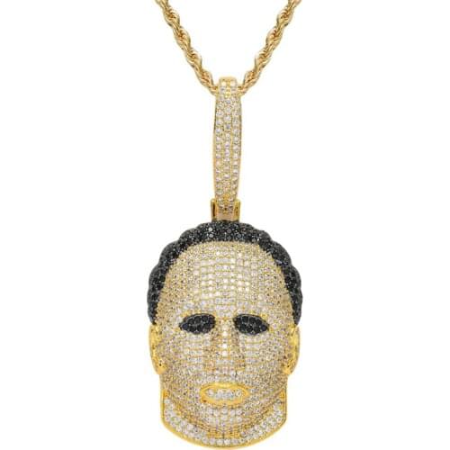 Rhinestone Men Necklace Ice Out Cubic Zircon Hip Hop Human Face Pendant Gold Silver Color Charm Chain Jewelry