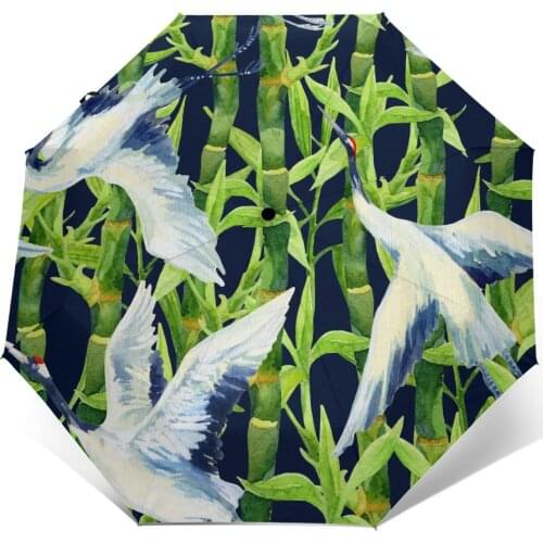Wind Resistant Fully-Automatic Umbrella Watercolor Asian Crane Bird Pattern (2) Rain 3 Folding Parasol Travel Car Umbrella