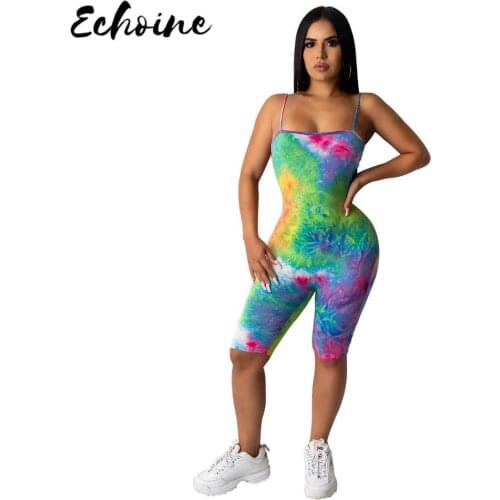 Echoine Sexy Tie Dye Print Spaghetti Straps Short Jumpsuit Square Collar Bodycon Playsuit Casual Romper Night Club Daily