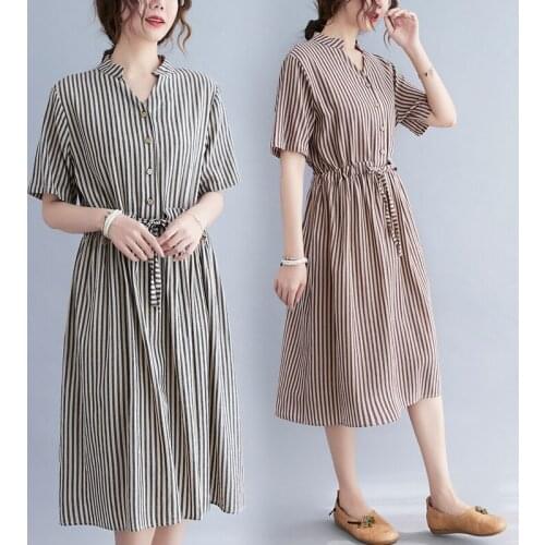 Korea Style Fashion striped Blouse Dress 2021 New Arrival Short Sleeve Loose Summer dress Draw String Women Travel Casual Dress