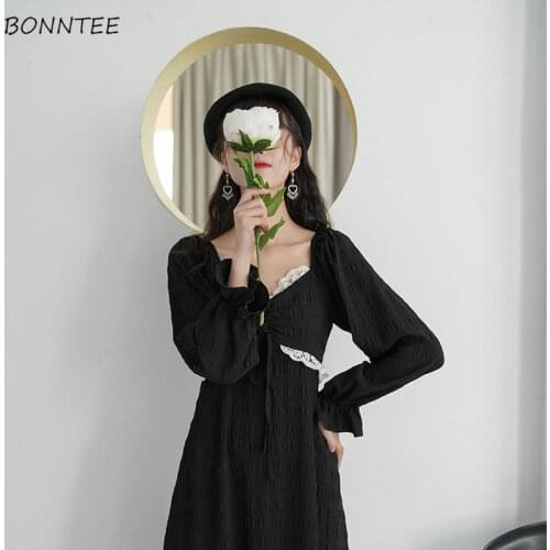 Long Sleeve Dress Women Hepburn Style Chic Elegant Party Lace Up Empire Ladies Dresses Daily Elegant Retro Female Clothing Ins