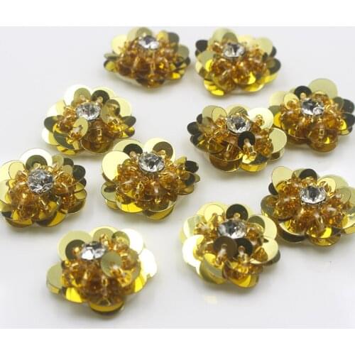 10pcs golden hand-made Beaded sequins flowers patches accessories for Women 3D flowers decorative personality hat shoe Shiny 2cm