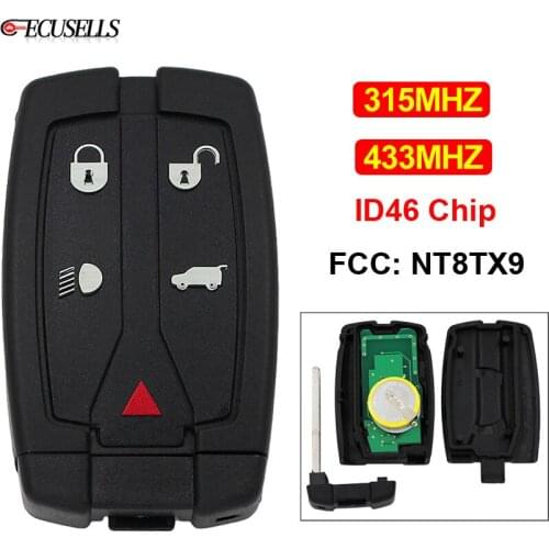 5 Button Remote Smart Car Key Fob 315Mhz / 433Mhz ID46 Chip Uncut Blade Small Key FCC ID: NT8TX9 for Land Rover Freelander 2 LR2