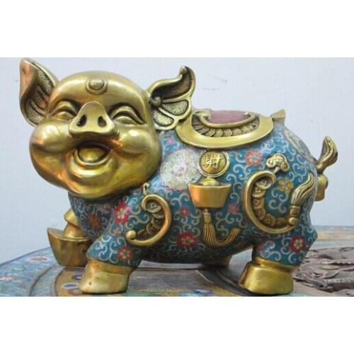 Bi002083 14"Chinese collection Bronze gold Cloisonne Luck Ru Yi Wealth money pig Statue
