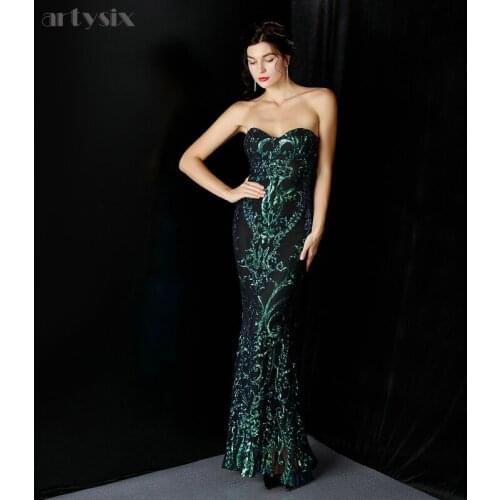 Partysix Sparkle Green Evening Dress Sequin Fitted Mermaid Glitter Evening Gown Shiny Sweetheart Party Dress Strapless Formal