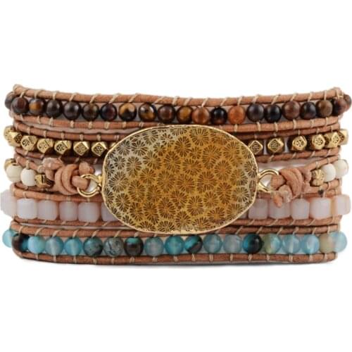 Natural Coral Fossils 5 Strands Wrap Bracelets Handmade Bohemian Gems Stone Leather Bracelet Vintage braid Bracelet Dropshipping
