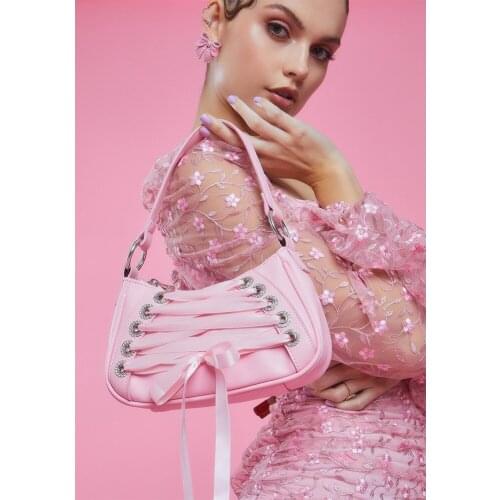 Brand Design Lady Sweet Pink Ribbon Cross Tied Gothic Lolita Handbags Women Purse Mini Baguette Cute Bags Shoulder Underarm Bags