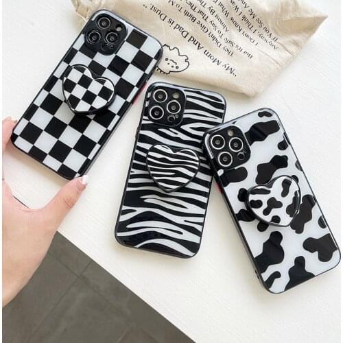 Heart Bracket Lattice Cow Milk Zebra Pattern Phone Case For iPhone 11 12 Pro Max XS XR X 8 7 Plus Soft Luxury Back Cover