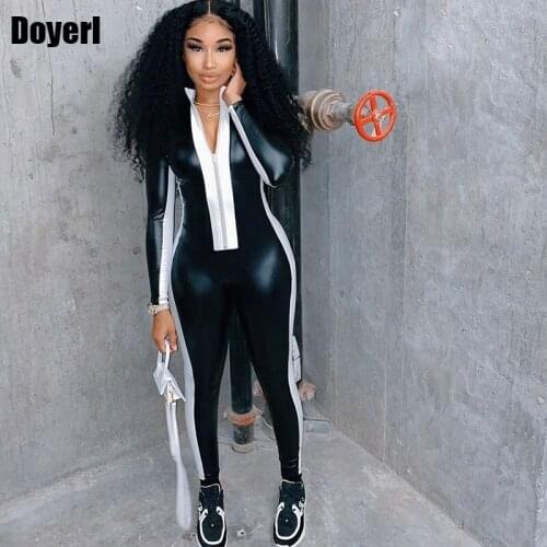 Black PU Leather Jumpsuit Women 2021 Front Zipper Skinny Bodycon Jumpsuit Long Sleeve Sexy Club Rompers Womens Jumpsuit Overall