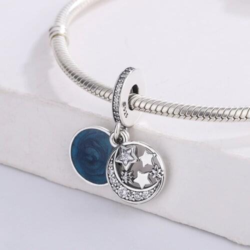 For Pandora 925 Sterling Silver Glass Beads Accessories Moon Starry Blue Pendant Charm Bracelet Jewelry Making Anniversary Gift