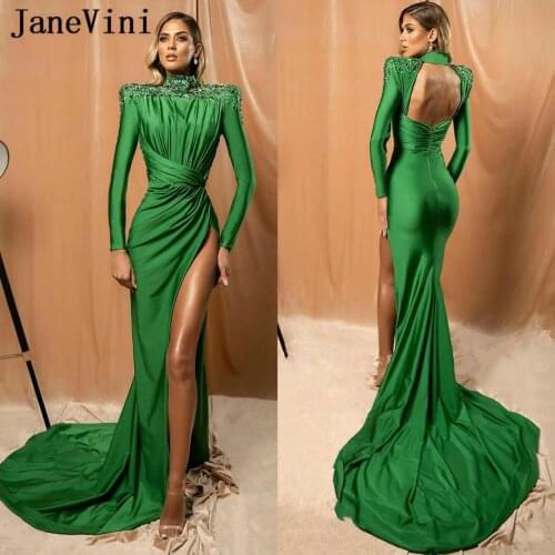 JaneVini Sexy Green Mermaid Evening Dresses 2020 High Neck Long Sleeves Beading Side Split Satin Sweep Train Formal Dinner Gowns