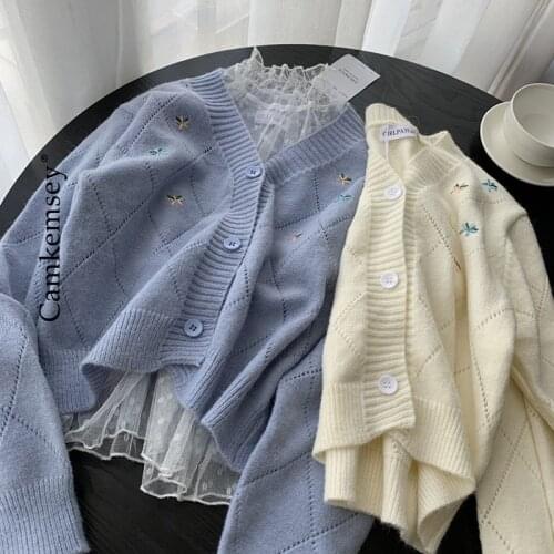 CamKemsey Sweet Floral Embroidery Knitted Cardigan Sweaters For Women Autumn Basic Single Breasted Soft Knitted Cardigan Coats