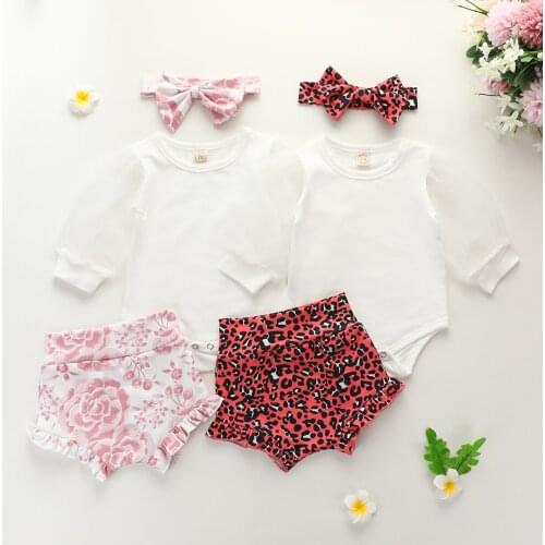 2020 3pcs Baby Girls Clothes Sets Puff Sleeve White Romper Tops Leopard Print Shorts Headband