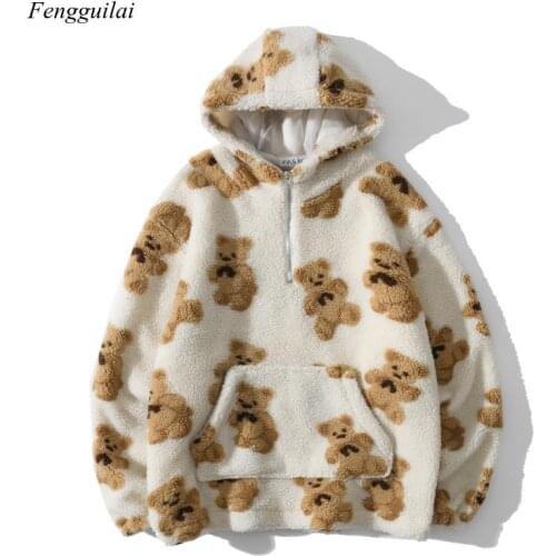 Lambswool Jacket Women Bear Print Half Zipper Coats Hooded Couple Coat Outwear Unisex Pullover