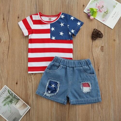 Summer Children Casual Independence Day Clothes Set Boys Striped Stars Short Sleeve O-neck T-shirt + Ripped Short Jeans