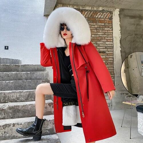 MENINA BONITA 2021 Parka Real Fur Coat Winter Jacket Women Natural Fox Fur Collar Hood Rabbit Fur Liner Outerwear Detachable