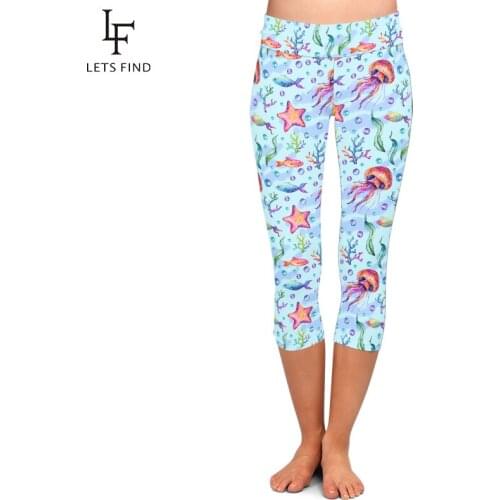 LETSFIND Fashion Jellyfish, Aquatic Plants, Starfish Printing High Waist Women Capri Leggings High Quaility Slim Fitness Pants