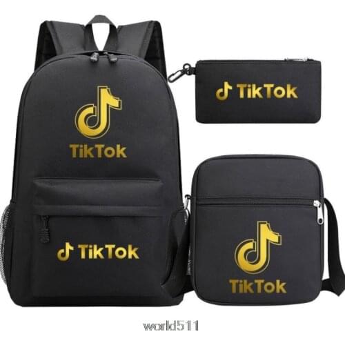 Tik Tok Fashion 3PCs/Set Childrens Backpack Hot Gold Print Tik Tok Students Book Bags Anime Teenagers Travel Backpac