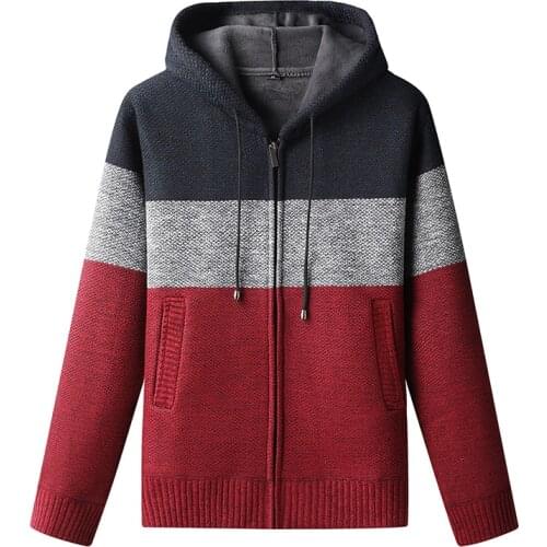 Mens new autumn and winter striped sweater hoodie zipper cardigan jacket with fleece casual oversized warm coat