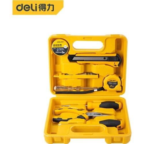 Deli Home Tool Set Household Tool Kits Screwdrivers Pliers Insulating Tape Utility Knife Blade Tape Measure With Plastic Toolbox