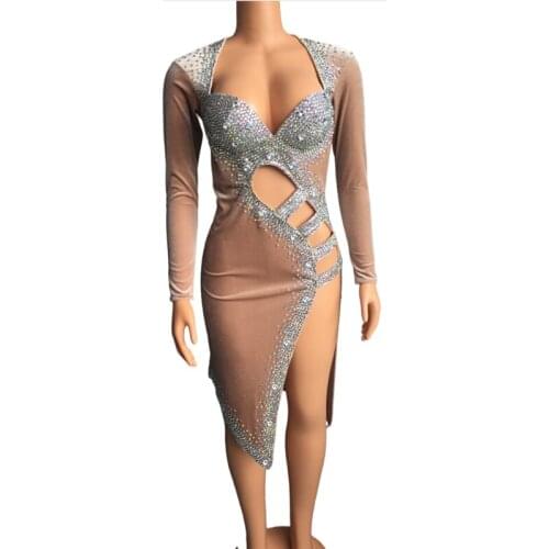 Women New Sexy Stage Silver Stones Skin Color Dress Outfit Stage Wear Sparkly Rhinestones Costume Birthday Prom Stretch Dress