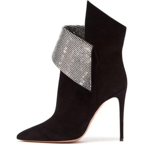New Arrivals Womens Suede Winter Boots Pointed Toe Sculptural Fold Over Ankle Boots Crystal Embellished Trim Stiletto Heel Boot